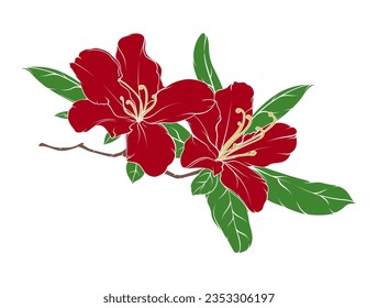 branch with flowers and leaves of rhododendron, hibiscus, chinese rose with flowers and leaves