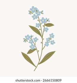 Una rama con flores y hojas. Diseño de la superficie para el papel del regalo, Fondo de pantalla, fondo de la página del Web, tarjetas de felicitación, materia textil, invitación. Flor azul