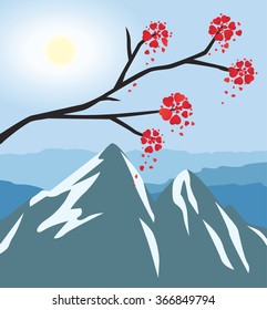 Branch with flowers like a hearts in front of the mountain landscape. Vector illustration with clipping mask, eps 10.