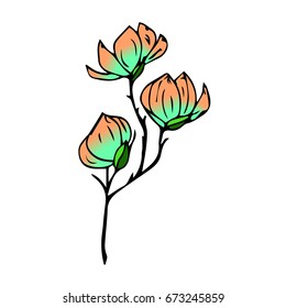 Branch with flowers on white background vector illustration. Doodle style. Design icon, print, logo, poster, symbol, decor, textile, paper, card. 