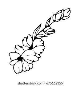 Branch with flowers on white background vector illustration. Doodle style. Design icon, print, logo, poster, symbol, decor, textile, paper, card. 