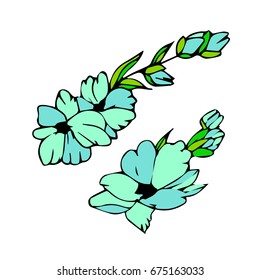 Branch with flowers on white background vector illustration. Doodle style. Design icon, print, logo, poster, symbol, decor, textile, paper, card. 