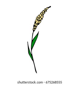 Branch with flowers on white background illustration. Doodle style. Design icon, print, logo, poster, symbol, decor, textile, paper, card. 