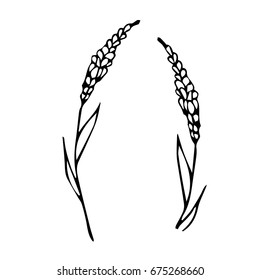 Branch with flowers on white background illustration. Doodle style. Design icon, print, logo, poster, symbol, decor, textile, paper, card. 