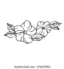 Branch with flowers on white background illustration. Doodle style. Design icon, print, logo, poster, symbol, decor, textile, paper, card. 