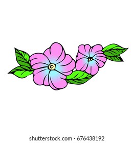 Branch with flowers on white background illustration. Doodle style. Design icon, print, logo, poster, symbol, decor, textile, paper, card. 