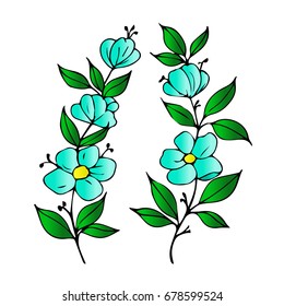 Branch with flowers on white background illustration. Doodle style. Design icon, print, logo, poster, symbol, decor, textile, paper, card. 