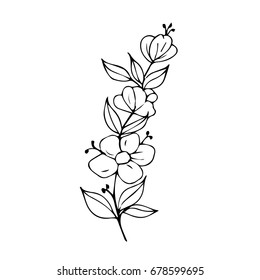 Branch with flowers on white background illustration. Doodle style. Design icon, print, logo, poster, symbol, decor, textile, paper, card. 