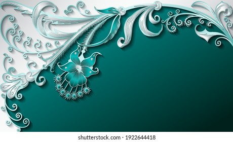 Branch with flowers paper cut vector vintage illustration. Engraved decorative nature elements and objects. Greeting card template