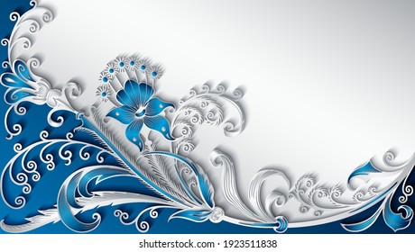 Branch with flowers paper cut vector vintage illustration. Engraved decorative nature elements and objects. Greeting card template
