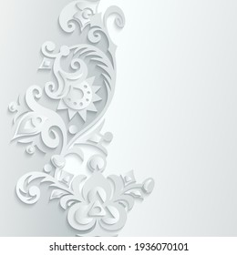 Branch with flowers paper cut vector vintage illustration. Engraved decorative nature elements and objects. Greeting card template