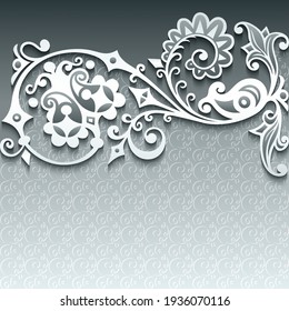 Branch with flowers paper cut vector vintage illustration. Engraved decorative nature elements and objects. Greeting card template
