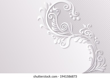 Branch with flowers paper cut vector vintage illustration. Engraved decorative nature elements and objects. Greeting card template