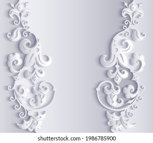 Branch with flowers paper cut vector vintage illustration. Engraved decorative nature elements and objects. Greeting card template