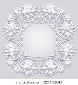 Branch with flowers paper cut vector vintage illustration. Engraved decorative nature elements and objects. Greeting card template