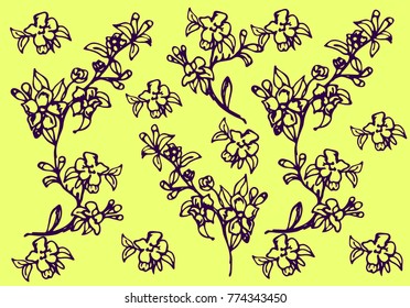 Branch of flowers pattern on yellow background, hand drawn vector illustration