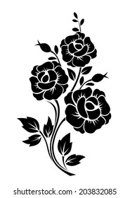 Branch with flowers. Vector black silhouette.