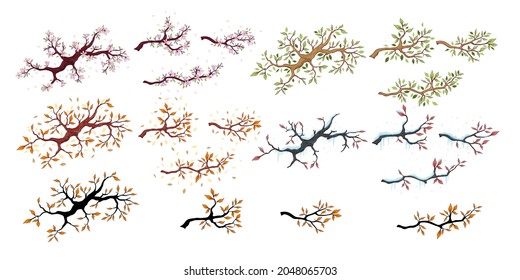 Branch in four different seasons. Set of four in different seasons, vector illustration