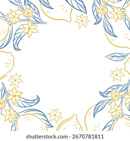 Quadro de ramo com limão, folha e flor de flor em estilo de arte de linha em um fundo branco. Design para cartões comemorativos, banner do site.