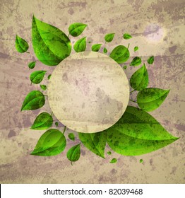 branch with fresh green leaves. Grunge poster