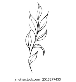 Branch with fresh leaves, elegant botanic, vintage style. For wedding, greeting cards, fabric, printing. Graphic vector line, hand drawn, black silhouette for cricut