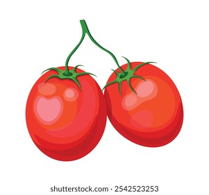 Rama de tomates frescos en estilo de dibujos animados. Ilustración vectorial de deliciosos tomates rojos alargados enteros con tallo verde aislado sobre fondo blanco. Verduras útiles. Un estilo de vida saludable.