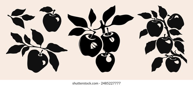 Zweig mit Gartenäpfeln. Handgezeichneter Silhouetten-Clipart. Schwarze einfache Illustration für Verpackungsdesign. Botanischer Druck, Tätowierung, Poster, Element für Ökoprodukt.