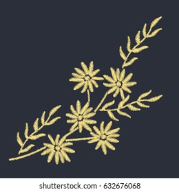 Branch with gold flowers embroidery design for clothing. Nature flowers embroidery patch vector decoration. 