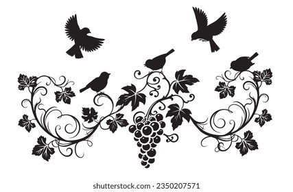 Branch with grape and birds silhouette illustration isolated on white background, vector. Grape silhouette with leaves. Black and white minimalist art design. Fruit, healthy food