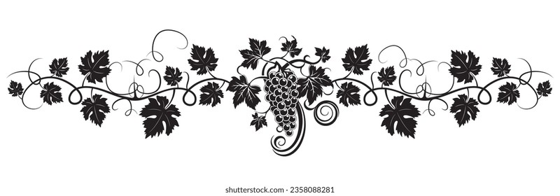 Branch with grape silhouette illustration isolated on white background, vector. Grape silhouette with leaves. Black and white minimalist art design. Fruit, healthy food