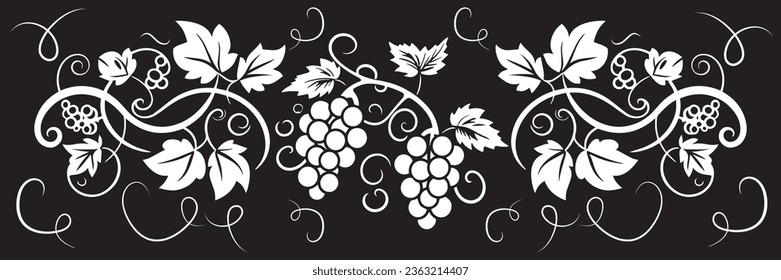 Branch with grape silhouette illustration isolated on black background, vector. Grape silhouette with leaves. Black and white minimalist art design. Banner design