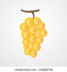 The branch of grapes with coins instead of the berries. Grape icon. Gold coin with euro symbol. Vector illustration.