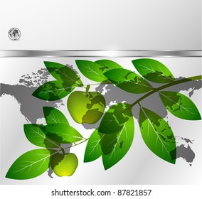 Branch with green apples on a background the map of the world