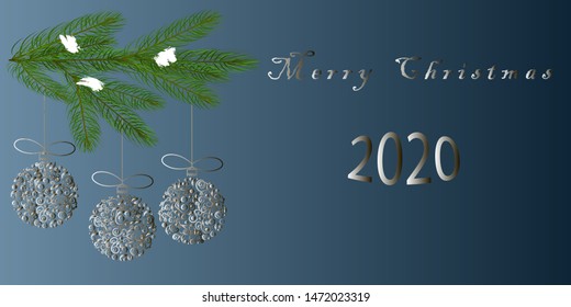 Branch of a green Christmas tree in the snow,Christmas decorations,congratulations on the New year,merry Christmas.The illustration is drawn in vector.