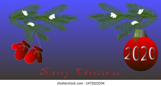 Branch of a green Christmas tree in the snow,Christmas decorations,congratulations on the New year,merry Christmas.The illustration is drawn in vector.