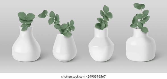 Branch with green eucalyptus leaves in white ceramic vase of different shapes. Realistic 3d vector illustration of decorative aromatic plant greenery bouquet. Botanical home interior decoration.