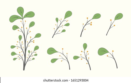 A branch with green leaves and berries and a set of small branches isolated on a light background