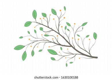 Branch with green leaves of different shapes and berries on a notebook sheet in vintage style