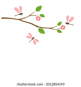 Branch with green leaves and dragonflies isolated on white background vector illustration.