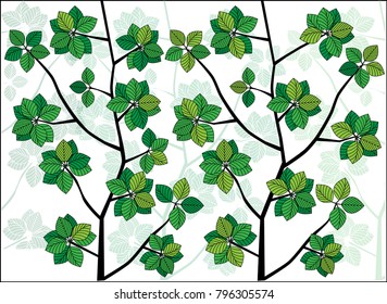 Branch with green leaves pattern- Illustration
Formal Garden, Plant,  Season, Springtime,tree
