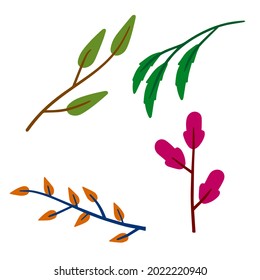 Branch with green leaves. Plant design. Set of Element of wood and nature. Flat simple illustration