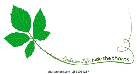 Branch with green leaves and thorns. Social problem of loneliness and misunderstanding, aggression and psychological defense. Vector template with space forcopying. Horizontal business card slogan