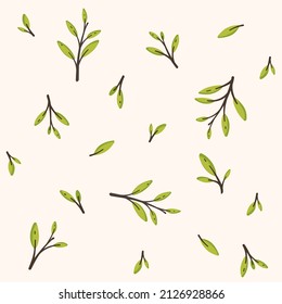 Branch with green leaves. Trendy pattern with twig. Vector illustration.