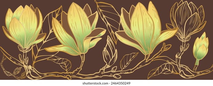 branch of green magnolia flowers with a golden gradient on a brown background