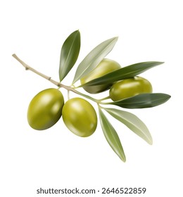 Branch with green olives and leaves, made in vector technique using mesh. Natural style, realistic illustration on white background.