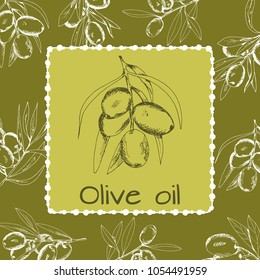 branch green olives, vector illustration hand-drawn logo of olives