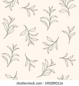 Branch of green tea. Trendy pattern with twig. Vector contour illustration.