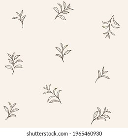 Branch of green tea. Trendy pattern with twig. Vector contour illustration.