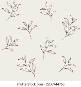 Branch of green tea. Trendy pattern with twig in boho style. Vector contour illustration.