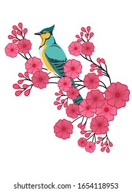 Branch of hand drawn cherry blossom with the bird